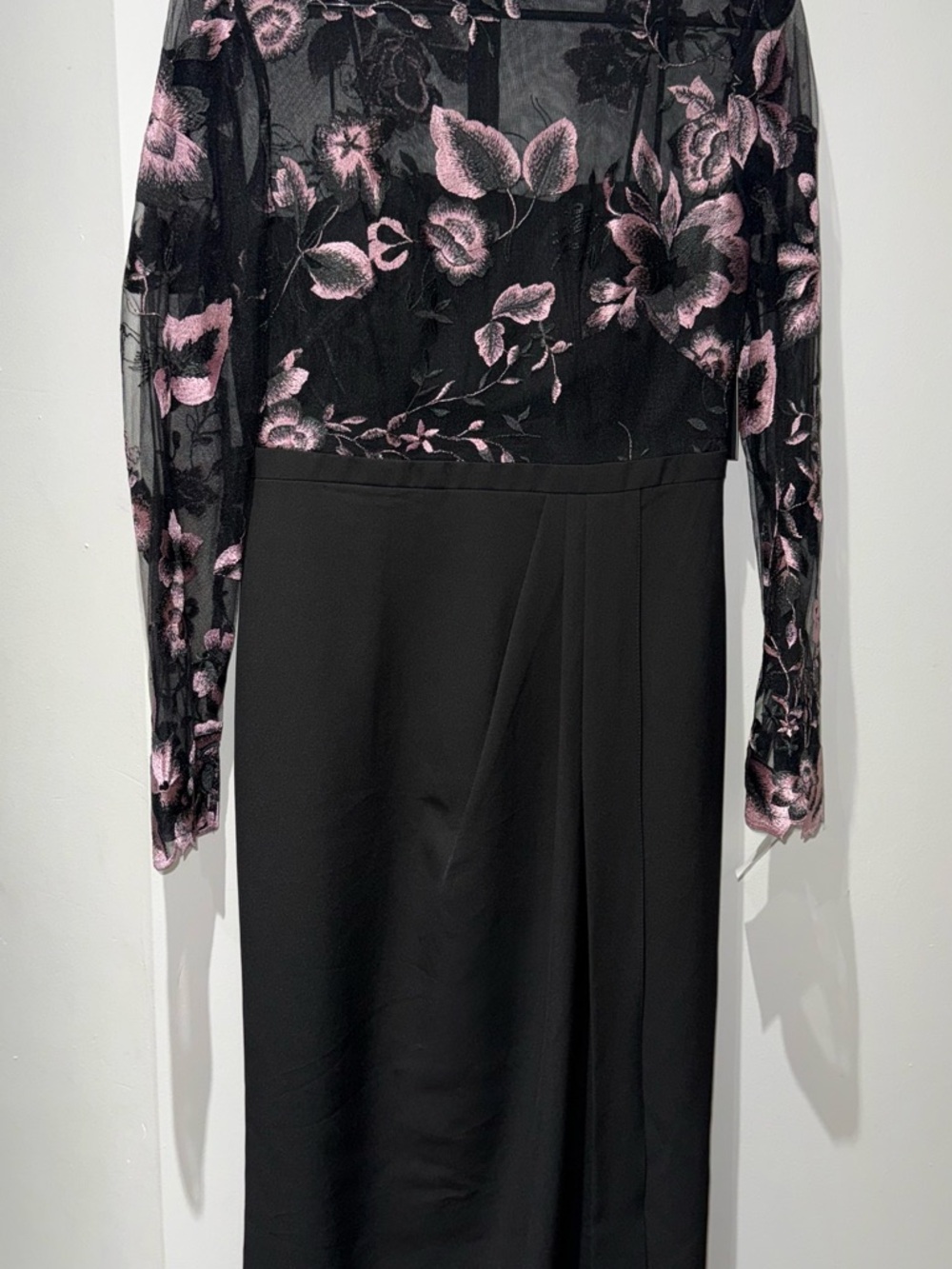 Occasion Black Long-Sleeve Dress with Pink Floral Mesh Bodice